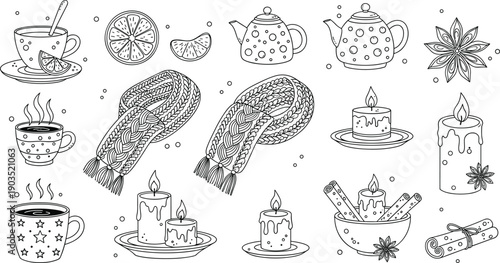 Collection of Hand Drawn Winter Lifestyle Doodles Including Knitted Scarves Hot Tea Mugs Candles and Cinnamon Sticks Isolated on White Background for Cozy Seasonal Decor
