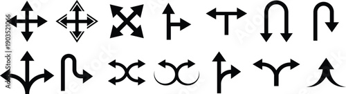 A comprehensive collection of 14 black silhouette vector icons representing various directions, turns, junctions, and movement indicators.