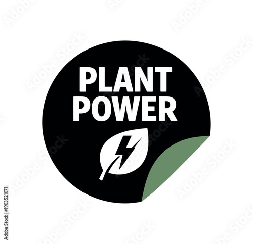 Flat vector sticker peel badge PLANT POWER simple white leaf with lightning bolt