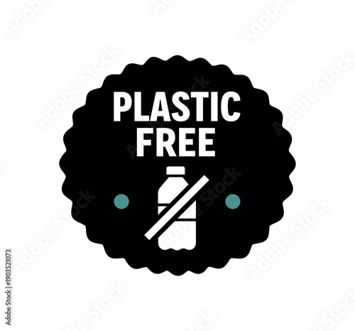 Flat vector seal stamp badge PLASTIC FREE simple white bottle with slash tiny muted teal dot accent