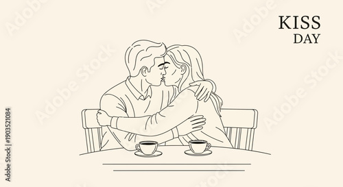 Couple Sharing a Romantic Kiss Over Coffee.