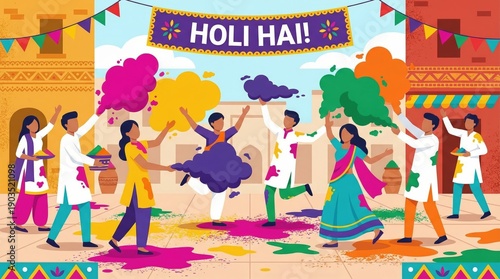 Happy people celebrating Holi festival on the street. Flat vector illustration of men and women playing with colorful powder under Holi Hai banner.