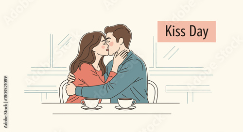 Couple Sharing a Romantic Kiss Over Coffee.