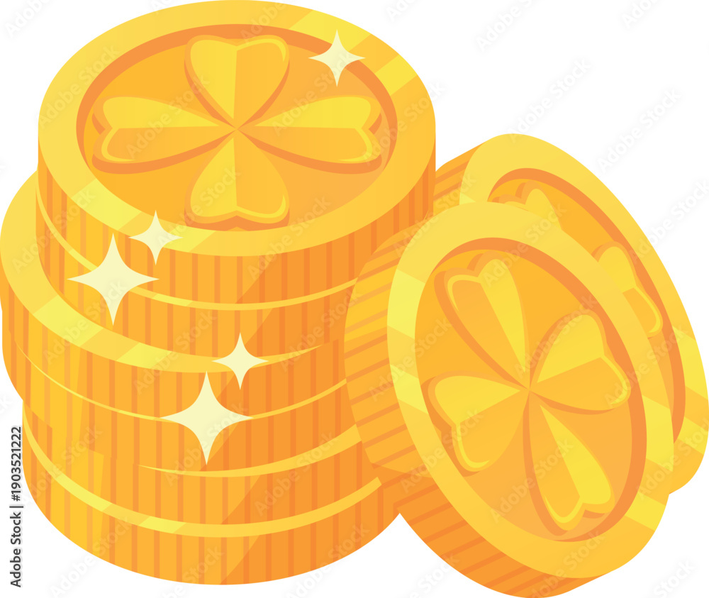 Fototapeta premium Golden coins with clover sign. Lucky money cartoon icon