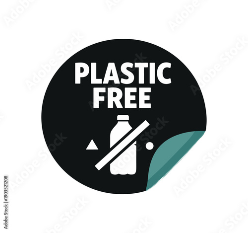 Flat vector sticker peel badge PLASTIC FREE simple white bottle with slash