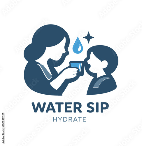 Single flat vector icon of mother offering water: rounded mother silhouette holding small cup toward toddler tiny droplet cutout above the cup one calm sparkle dot stylish modern cutout