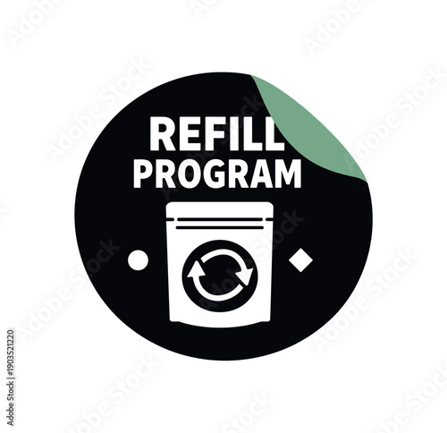 Flat vector sticker peel badge REFILL PROGRAM simple white pouch with arrows