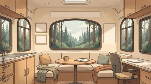 Cozy interior view of camper van with forest view through windows. Modern RV caravan design with sofa, table and kitchen for travel and camping illustration.