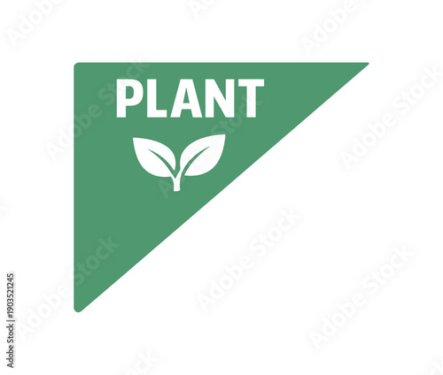Flat vector corner callout sticker green triangular corner label PLANT simple white leaf pictogram centered within triangle