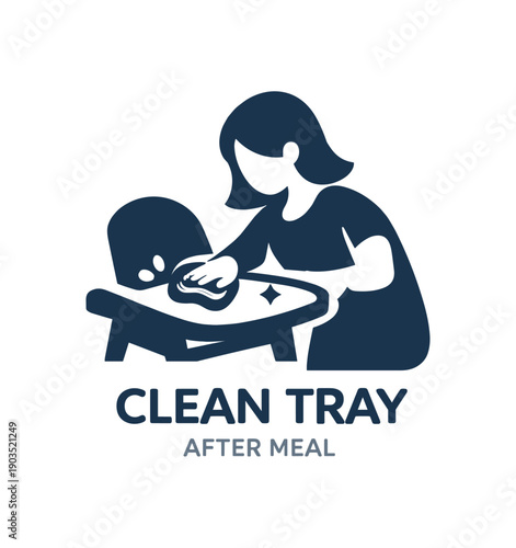 Single flat vector icon of mother cleaning high chair: rounded mother silhouette wiping small tray tiny sponge shape with two droplet dots one sparkle stylish modern cutout look made with