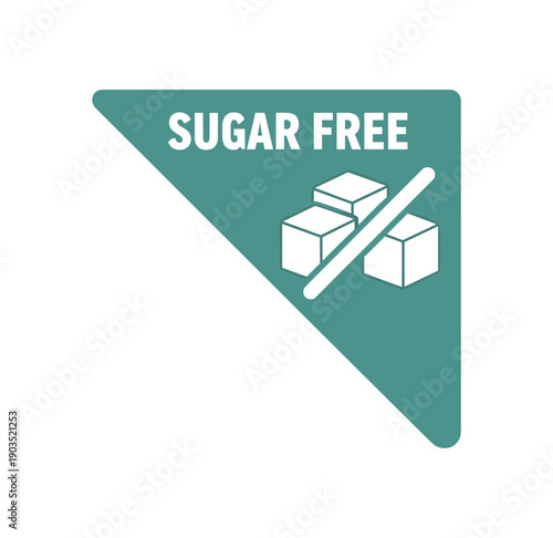 Flat vector corner callout sticker SUGAR FREE simple white sugar cube with slash pictogram centered within triangle