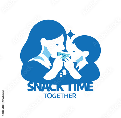 Single flat vector icon of mother and child snack break: rounded mother and child silhouettes sharing small fruit slice two tiny crumb dots one sparkle dot stylish modern cutout look made