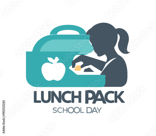 Single flat vector icon of mother packing lunchbox: rounded lunchbox with handle tiny cutout mother silhouette hand placing small snack dot inside stylish modern cutout look made with clean