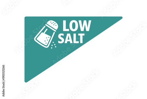 Flat vector corner callout sticker LOW SALT simple white salt shaker pictogram centered within triangle