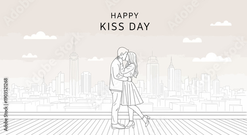 Couple Embracing on Rooftop with City Skyline Background.