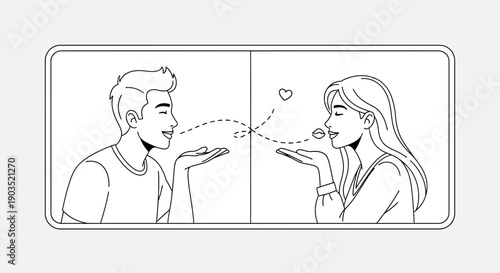 Man and woman blowing kisses to each other through mobile phone screen.