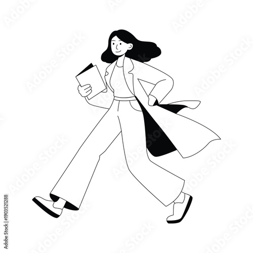 A modern glyph illustration of a startup founder walking confidently with smartphone