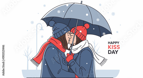 Couple Sharing a Romantic Kiss Under Umbrella on a Snowy Day.