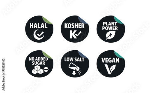 Flat vector sticker peel badge /navy/teal simple white badge texts and : HALAL crescent checkmark KOSHER K checkmark PLANT POWER leaf lightning bolt NO ADDED SUGAR sugar cube minus LOW SALT