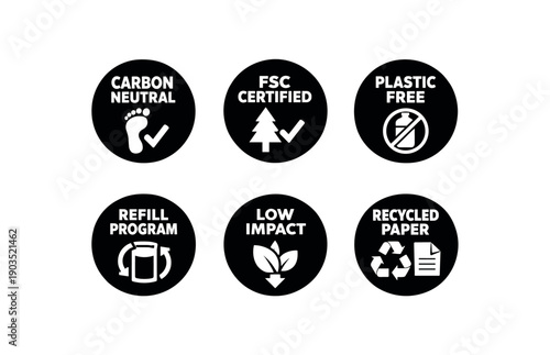 Flat vector badge simple white badge texts and : CARBON NEUTRAL footprint with checkmark FSC CERTIFIED tree with checkmark PLASTIC FREE bottle with slash REFILL PROGRAM pouch with arrows