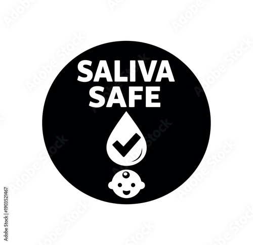 Flat vector badge SALIVA SAFE simple white droplet with checkmark and small baby face