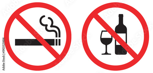 No Smoking And No Alcohol Icons Set, Editable Vector Red Prohibition Sign Symbols Health Safety Warning White Background Illustration