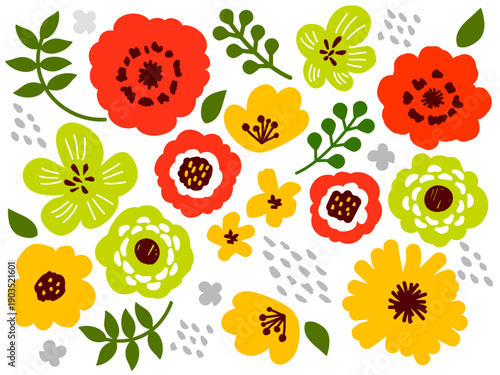 手描きボタニカルの花と葉のベクターイラストセット（赤・黄・黄緑）