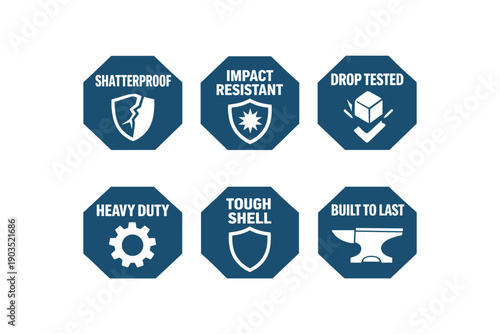 Flat vector octagon badge solid deep slate octagon background simple white then list six badge texts and explicitly one sentence using: badge texts and : SHATTERPROOF cracked shield IMPACT
