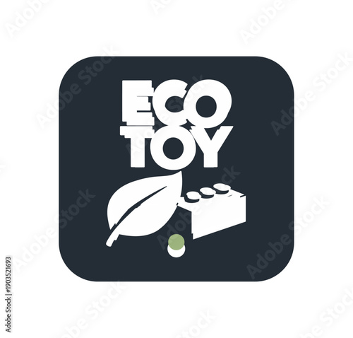 Flat vector rounded badge () ECO TOY simple white leaf with toy tiny muted green accent dot