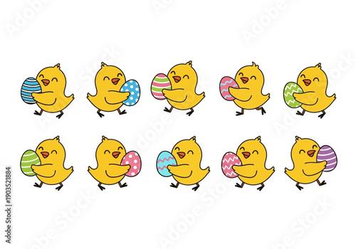 Joyful Cartoon Chicks Carrying Colorful Decorated Eggs, Celebrating Spring Holiday on White Background - Festive Illustration