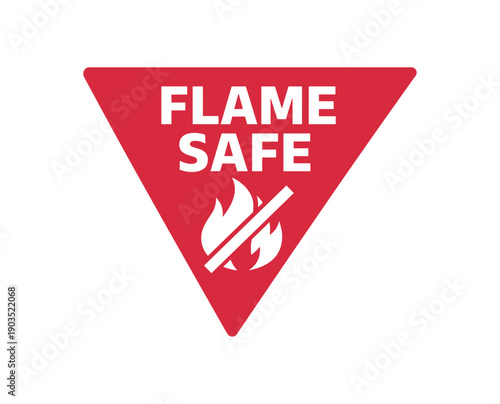 Flat vector corner callout sticker red triangular corner label FLAME SAFE simple white flame slash pictogram centered within triangle