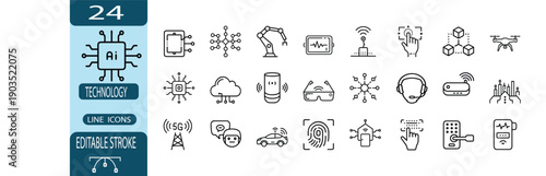 Artificial intelligence and future technology outline icon set, ai processor smart city robot arm symbol, machine learning and automation vector illustration with editable stroke.