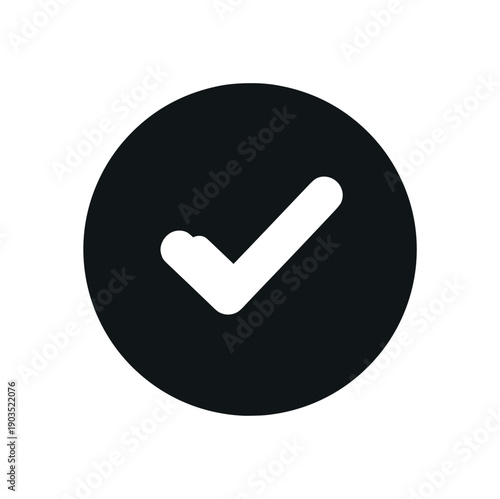 Flat vector icon only micro badge small solid black circle containing single simple white pictogram checkmark