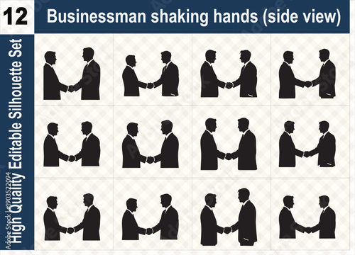 Silhouette set of businessmen shaking hands in side view, representing professional deals, corporate partnerships, successful agreements, and trust.