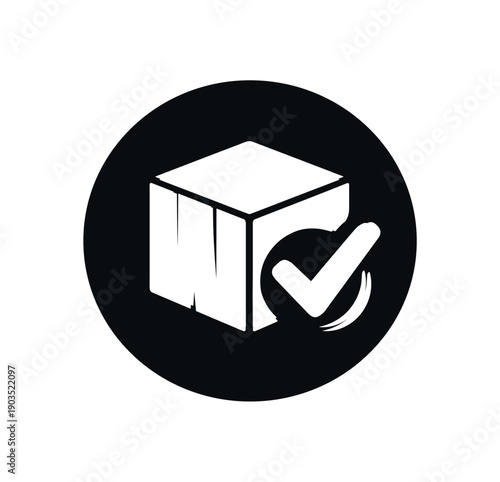 Flat vector icon only micro badge small solid black circle containing single simple white pictogram wooden with checkmark
