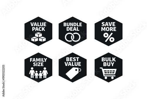 Flat vector hexagon badge solid black hexagon background simple white then list six badge texts and explicitly one sentence using: badge texts and : VALUE PACK stacked boxes BUNDLE DEAL