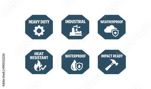 Flat vector octagon badge solid deep slate octagon background simple white then list six badge texts and explicitly one sentence using: badge texts and : HEAVY DUTY gear INDUSTRIAL factory