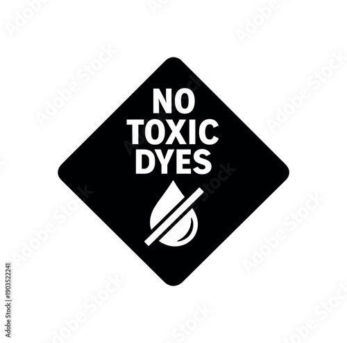 Flat vector diamond badge solid black rotated (diamond) background NO TOXIC DYES simple white droplet with slash