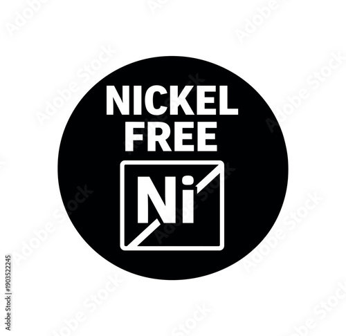 Flat vector badge NICKEL FREE simple white Ni tile with slash