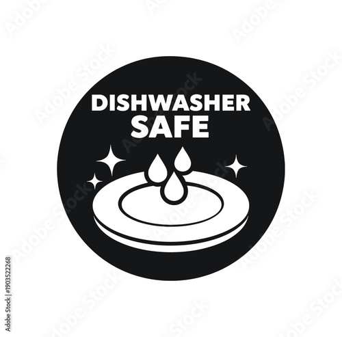 Flat vector badge DISHWASHER SAFE simple white plate with water drops