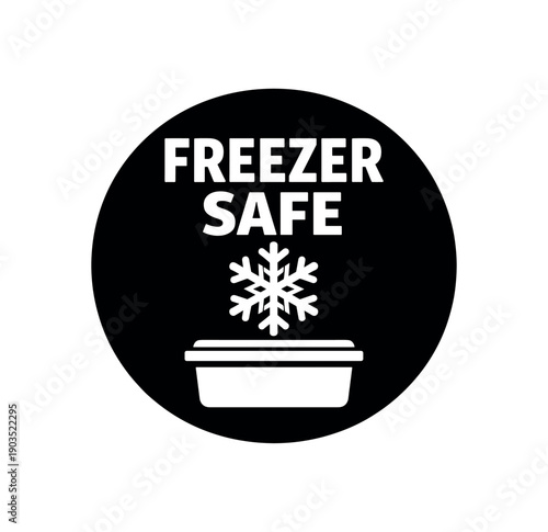 Flat vector badge FREEZER SAFE simple white snowflake with container
