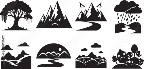 Black Silhouette Mountain and Nature Icons Set Vector Illustration