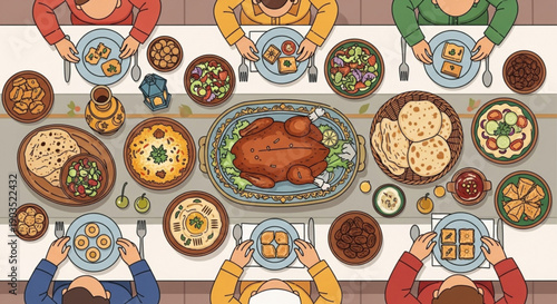 People enjoying a festive holiday meal with roasted turkey and various dishes around a long table