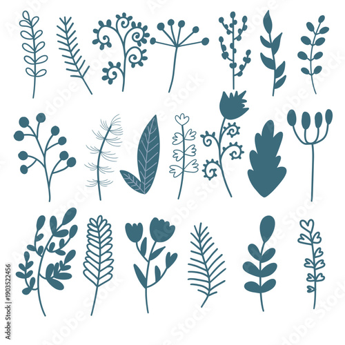 Hand Drawn Folk Art Florals and Teal Botanical Silhouettes Collection