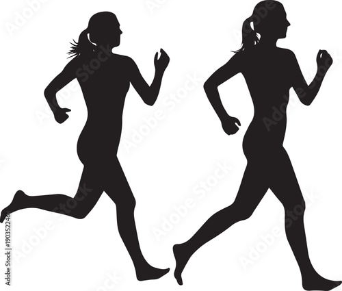 Create Running Two woman silhouettes set. Female runner figure shapes. Bare and naked slim healthy girl work out on white background