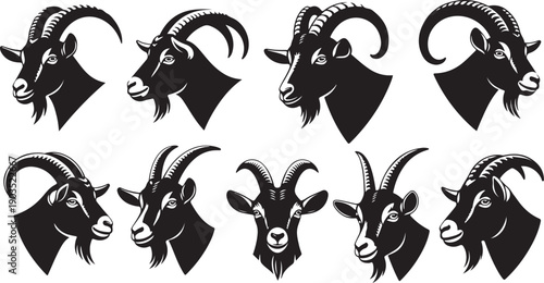 Collection of goat head silhouettes in various poses and angles