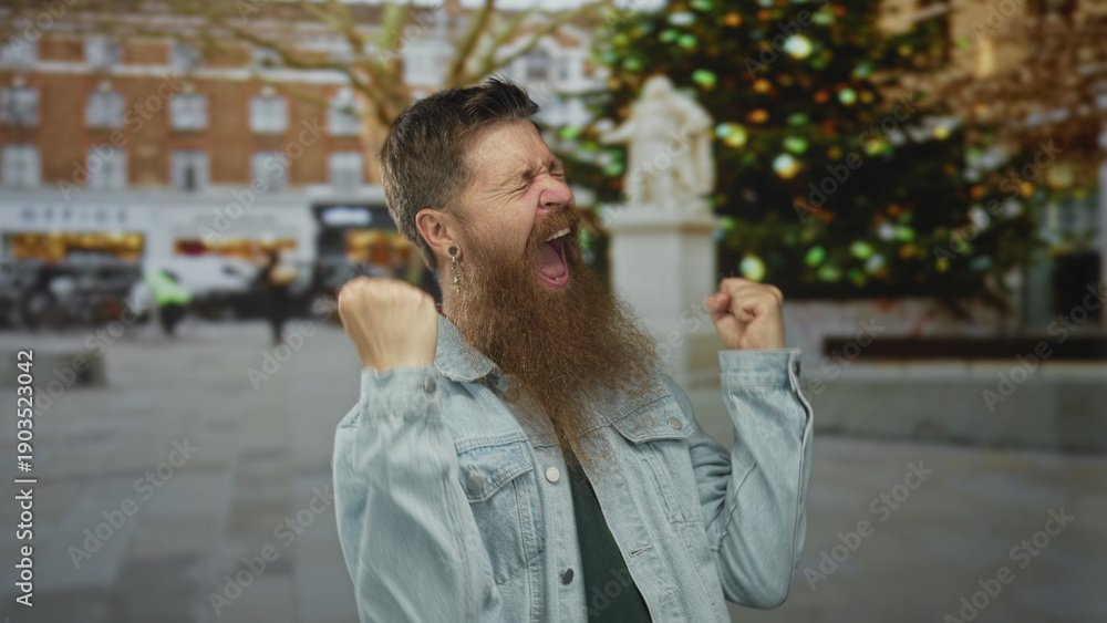Naklejka premium Young caucasian bearded man with fists raised and mouth open shouting on busy urban street at daytime; celebration.
