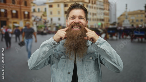 Obraz na plátně Man with a long beard pointing finger to teeth on a busy street amid urban buildings and passing crowds; playfulness