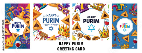 Festive Happy Purim Celebration with Hamantaschen, Crowns, Masks, and Graggers on Colorful Backgrounds
