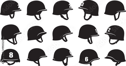 Collection of various black helmets with numbers and symbols